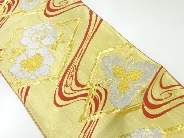 JAPANESE KIMONO / ANTIQUE FUKURO OBI / SILK / WOVEN MATSUKAWABISHI & PEONY